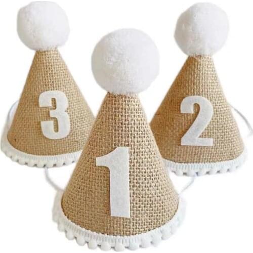 1 2 3 Birthday Caps Ball Top Linen 1st Birthday Hat Newborn Baby Birthday Headband 1 Year Birthday Party Decorations