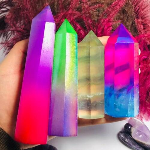 4Pcs Quartz Crystal Point Rainbow Titanium Treated Quartz Wand Acqua Aura Crystal Quartz Point Present Love Gift Accessory