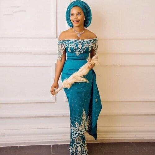 Teal Off Shoulder Prom Dresses With Lace Appliques Beads Sequins African Dubai Wmen Evening Dress Floor Length