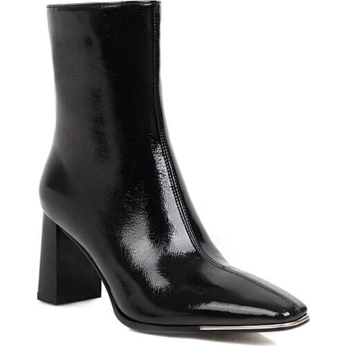 Patent Leather Profiled Heel Square Toe Ankle Boots Beige Stitched High Heel Fashion Womens Shoes Bright Fur Plush Short Boots