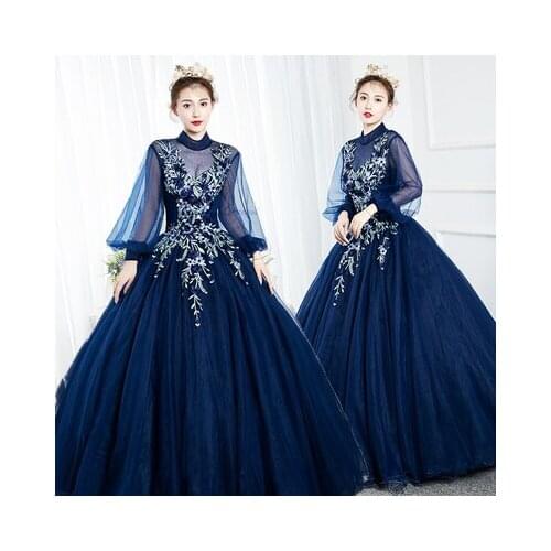 Navy/pink flowers long lantern sleeve embroidery ball gown princess/queen Medieval Victoria Ball stage performance/event/studio