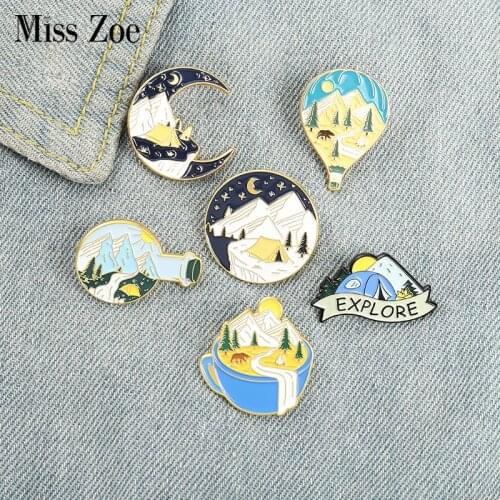 Camping Adventure Enamel Pins Custom Explore Natural Scenery Brooch Lapel Badge Bag Cartoon Jewelry Gift for Kid Friend