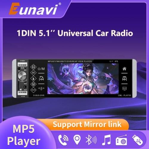 Eunavi MP5 1Din Player Touch Radio Bidirectional Interconnection RDS AM FM 4-USB 5.1" Universal Support Mirrorlink Bluetooth