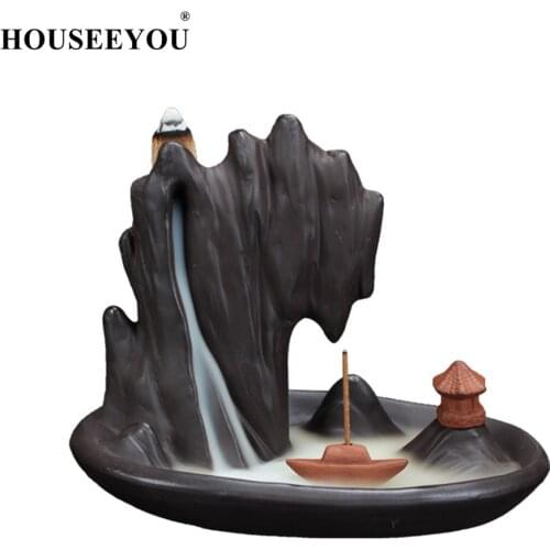 HOUSEEYOU Chinese Landscape Mountains Waterfall Incense Burner Stick Backflow Incense Holder Aromatherapy Censer New Year Gifts