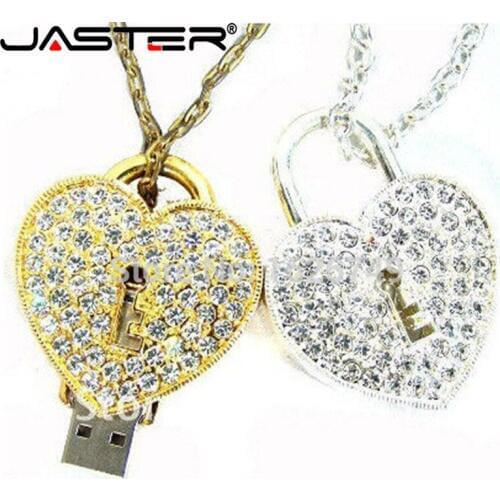 JASTER usb 2.0 crystal love Heart Lock Design Necklace Model usb flash drive 4GB 8GB 16GB 32GB memory stick pendrive gift