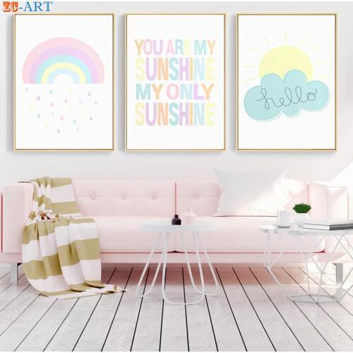 Rainbow Cloud Sunshine Print Cute Canvas Painting Pastel Color Nursery Wall Art Children Bedroom Decorative Pictures Wall Decor
