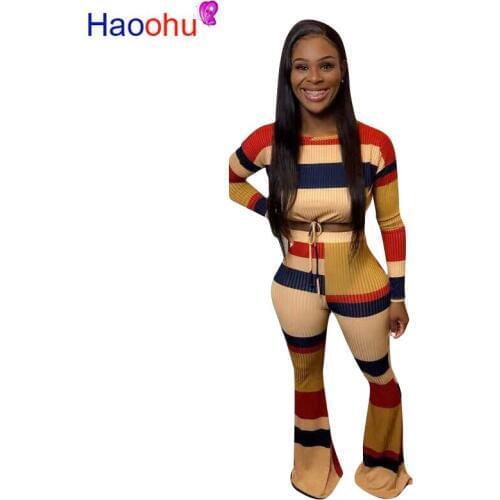 Stripe Sexy 2 Piece Matching Set Outfit Women O Neck Long Sleeve Crop Top and High Waist Wide Leg Pants Autumn Causal Tracksuits