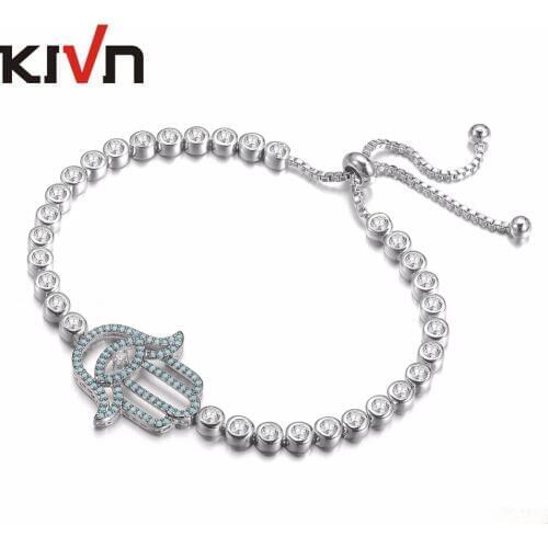 KIVN Fashion Jewelry Adjustable Hamsa Hand Blue eye Pave CZ Cubic Zirconia Womens Girls Wedding Bridal Bracelets Birthday Gifts