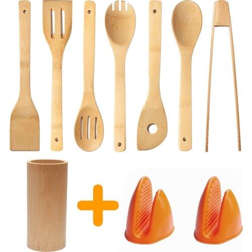 8pcs/set Wooden Bamboo Cooking Utensils Set Non-stick Spatula Shovel Spoons Wooden Handle Cooking Tools With Storage Bamboo Tube