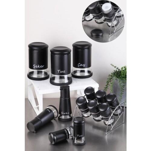 13 PIECES GÖNÜL METAL GLASS SPICE SET BLACK kitchen mother seasoning set salt shaker pepper shaker tableware wooden bamboo