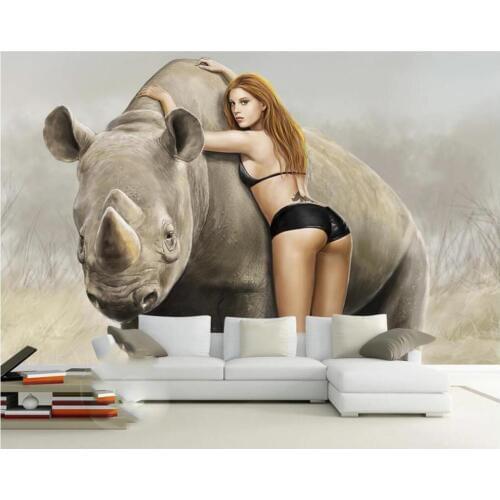 Customized 3D mural wallpaper hand-painted painting rhinoceros sexy beauty and beast mural background wall
