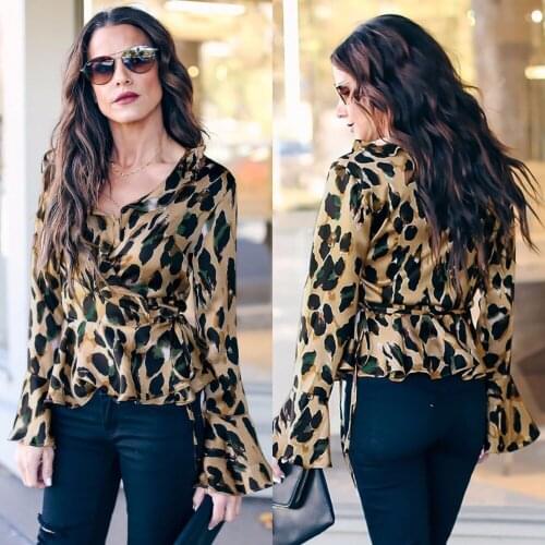 New 2019 Womens spring collection leopard print belted flared sleeve tops 1pcs/lot