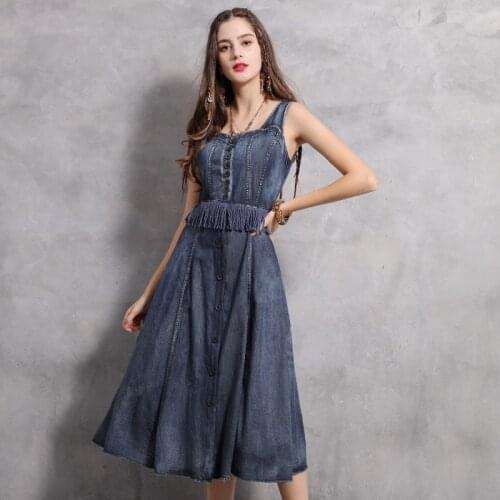 2021 Summer New product Vest Denim Dress Retro Fight Reception Waist Slim Long Dress Fashionable Elegant Dress