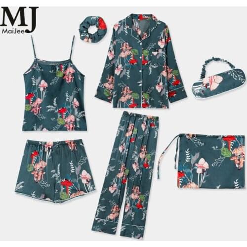 MJ046A 7 Pic Satin Pyjamas Women Pyama Woman Silk Pijama Mujer Sexy Lingerie Floral Pijama Feminino Pigiama Donna Pyjama Femme