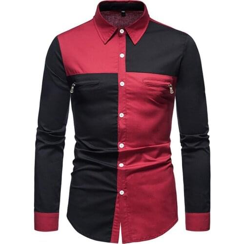 Men Blouse Shirt Fashion Patchwork Long Sleeve Zipper Design Turn-down Collar Business Shirt Blouse Men Shirt Streetwear 2021