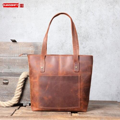 Retro Tote Bag Casual Bag Leather Mens Shoulder Bag New Crazy Horse Leather Head Layer Leather 14 inch laptop bags Handbags