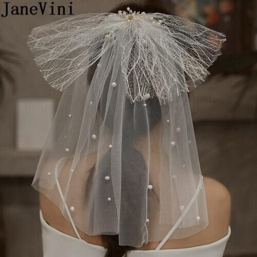 JaneVini Gorgeous Bride Veil with Pearls brautschleier Short White Wedding Party Veil Bow One Layer Shoulder Length Bridal Veils