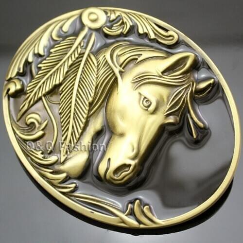 Western Vintage Gold Belt Buckle Native 3D Horse Head Feather Rodeo