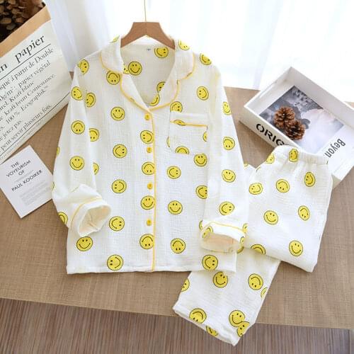 Smiley Face Crepe Cotton Pajamas Suit Women Lapel Long-sleeved Spring Schlafanzug Damen Living Clothes Loose Casual Home Clothes