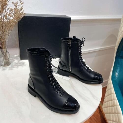 Genuine Leather Ankle Boots Women Autumn Winter Round Toe Lace Up Shoes Woman Fashion Grid Pattern Motorcycle Platform Botas