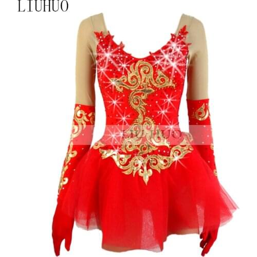 Figure Skating Dress Customized Competition Ice Skating Skirt for Girl Women Red long sleeved gold pattern Shiny rhinestone