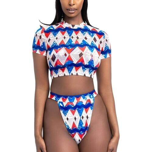 Women Two-piece Swimming Clothes Set Blue Printed Pattern Round Collar Tops + Shorts Summer Bikini Swimwear