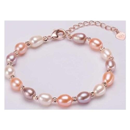 Natural Pearl Bracelet Rice pearl sliver bangle for women white/gold/pink bracelets with extension chain female gift