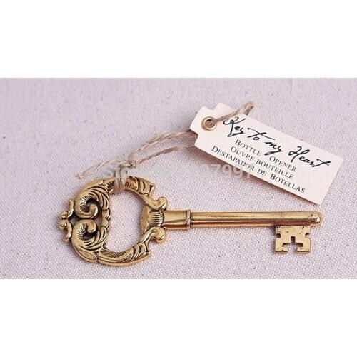 100pcs/Lot+Wedding Favors and Gift "Key to My Heart" Antique Golden Bottle Opener Gold Wedding Shower Favor