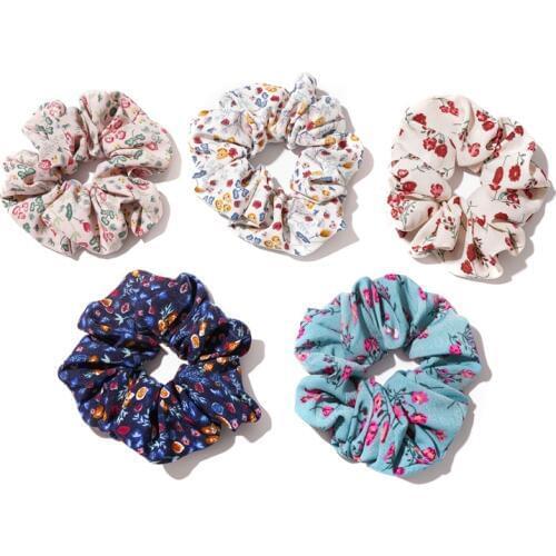 Wholesale 5pcs/lot Women Fluffy Scrunchies Set Harajuku Designs Flowers Hairbands Pack Vintage Hair Scrancis Set