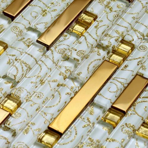 8mm Gold Metal Strip Yellow Flower Glass Shell Mosaic tile for restaurant store door frame kitchen bath shower wall brick tile
