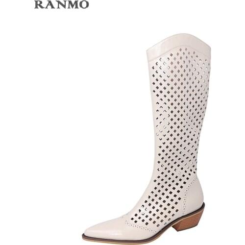 High Quality Pointed Zipper Hollowed-out Breathable Leather Woman Flat Platform Cool Boots New Summer French Vintage Collection