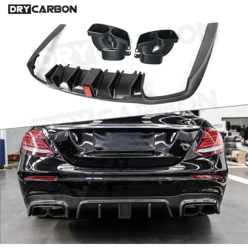 Rear Bumper Lip Light Diffuser with Steel Exhaust Muffler Tips for Benz E Class W213 C238 E43 E63 AMG B style 2017+Carbon Fiber