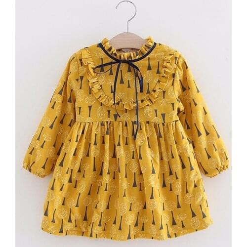 JALAIRO New Winter Kids Lovely Thermal Full-sleeved Yellow Printed Knitted Fleece Bow Cotton Girls Casual Thicken Dresses