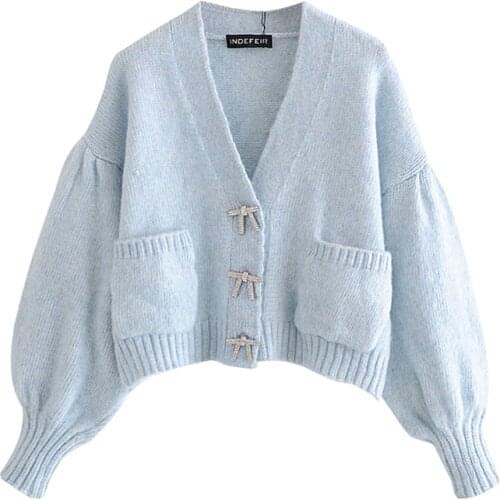 MXTIN 2021 Women Fashion Rhinestone Buttons Knitted Cardigan Sweater Vintage Long Sleeve Oversized Female Outerwear Chic Tops