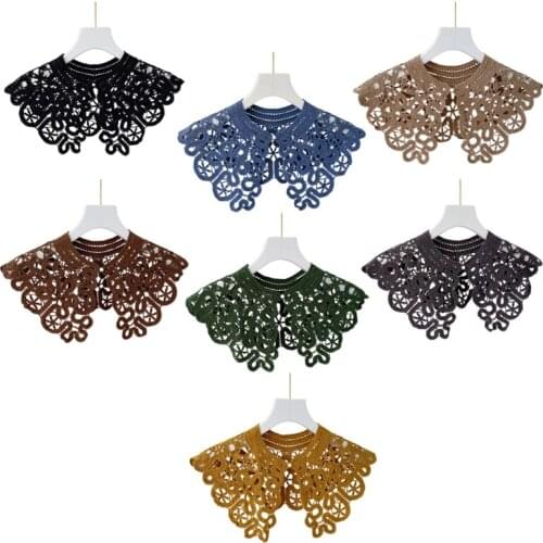 Korean Hollow Out Knit Fake Collar Shawl Faux Pearl Button Scarf Necklace Solid Color Floral Lace Lapel Blouse Mini Cape