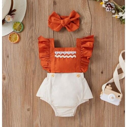 Lovely Baby Girls Lace Romper Square Neck Sleeveless Pleated Cuff Triangle Crotch Romper Bow-knot Hairband Clothes