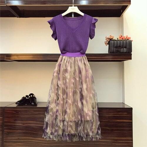 Summer Women 2 Piece Set Fashion Violet Knitted Thin Ruffles Sweater Tops + Elegant Print Mesh Pleated Long Skirt Sets