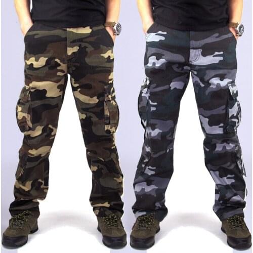 2021 Mens Autumn Full Cotton Casual Loose Multi-Pocket Cargo Pants Straight Outdoor Camouflage Trousers
