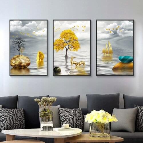 CHENISTORY 3pcs 40x50cm DIY Oil Painting By Numbers On Canvas Golden Trees Frameless Paint By Numbers Home Decor Scenery Picture