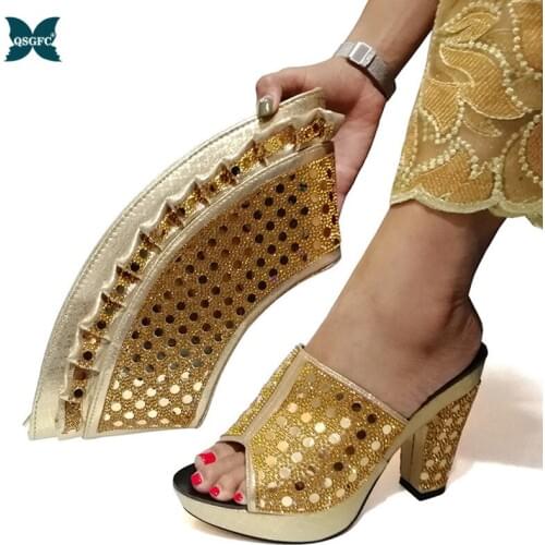 New Arrival Gold Color African Women Matching Italian design Shoes and Bag Set for Party Italian Ladies Shoe
