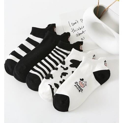 New Cartoon Print Socks for Women Cow Embroidery Stripes Spring Summer Cotton Short Socks for Ladies Girls Female Socks Sokken