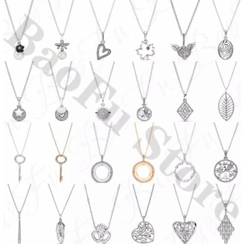 100% 925 Sterling Silver Necklace Shiny Bow Pearl Love Maple Leaf Crystal Angel Wings Suitable For Original Female Jewelry