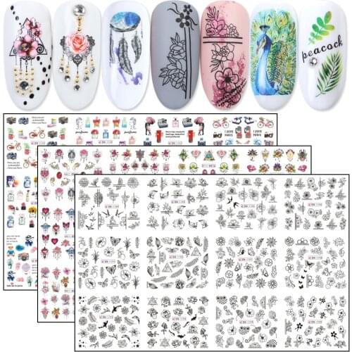 12pcs Nail Art Transfer Decals Water Stickers Colorful Nail Jewelry Flower Animal Black Sliders Manicure Tattoos JIBN1129-1212