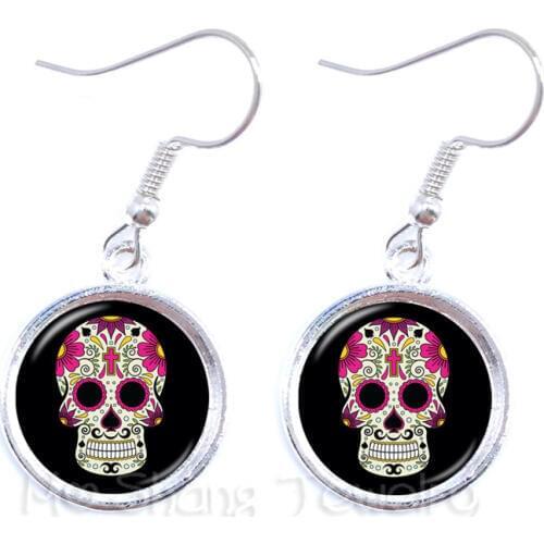 Pinkycolor Skeleton 16mm Glass Dome Time Gem Earrings For Women Hot Sale Jewelry For Women Day of the Dead Gifts
