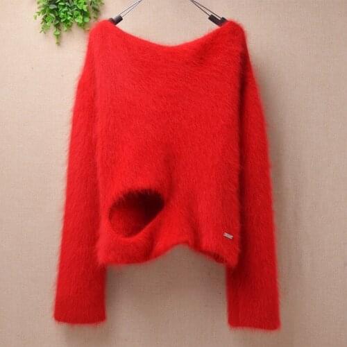 Casual fashion lady women hairy plush mink cashmere knitted hollow out loose jumper angora rabbit hair jumper sweater pull tops