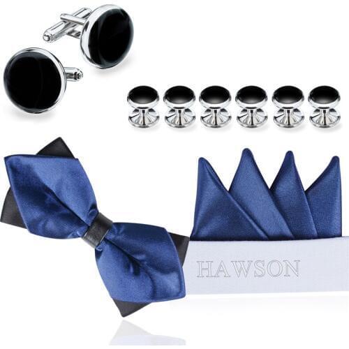 HAWSON Blue Bow Tie Pocket Square with Black Cufflinks and 6 Studs Jewelry for Young Men Pre-Tied Necktie Cut Pocket Square