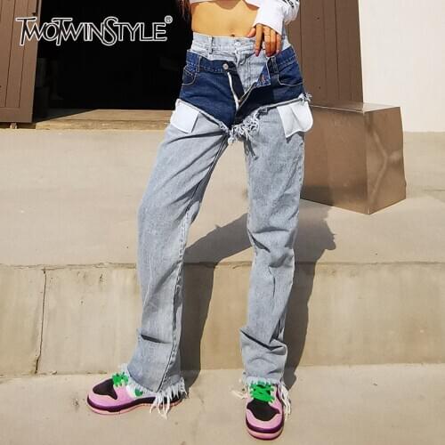 TWOTWINSTYLE Streetwear Hole Patchwork Tassel Jeans For Women Straight Casual Wide Leg Pants Female Fashion New Clothing 2020