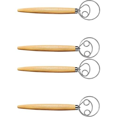 4Pcs Danish Dough Whisk, 13 Inch Stainless Steel Dutch Whisks, Wooden Danish Whisk, Whisk Kitchen Tool for Bread, Batter