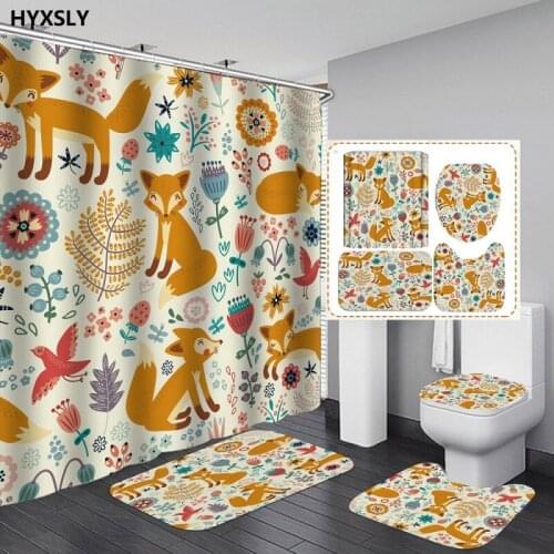 Fox Flower Plants Shower Curtain Carpet Mat Set Waterproof Polyester Cloth Design Bathroom Decor Cartoon Screen Cover With Hooks