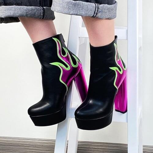 Ronticool 2021 Women Platform Ankle Boots Flame Pattern Square High Heels Round Toe Gorgeous Party Shoes Women Plus US Size 5-15